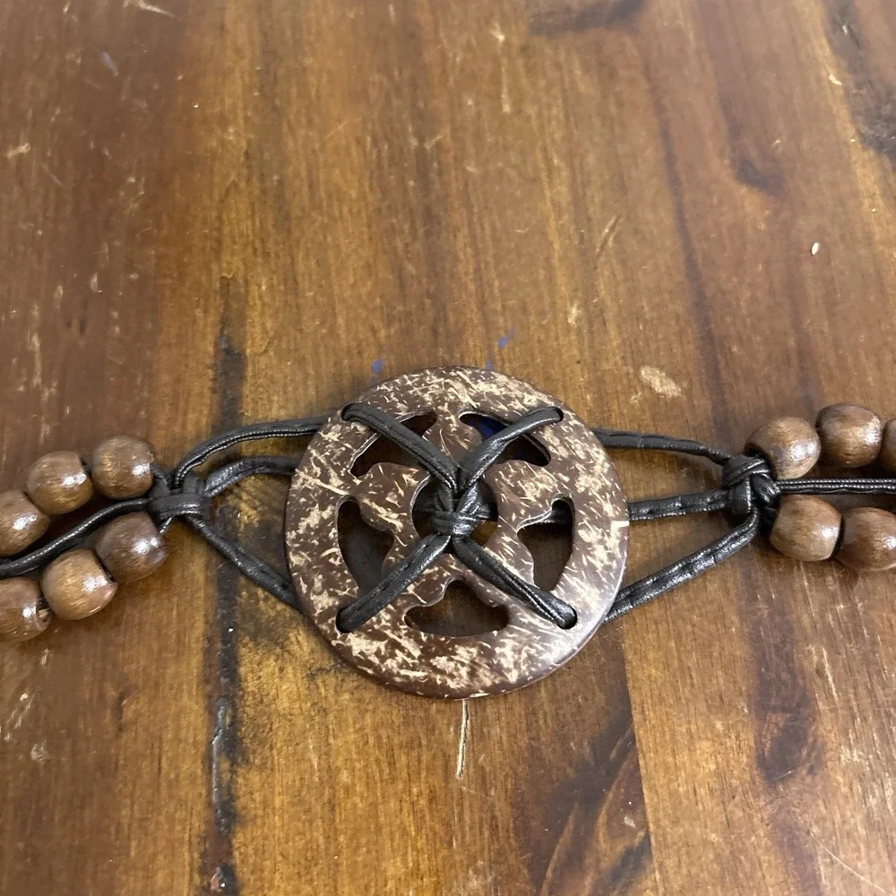 Boho Hip Hugger Brown Braided Beaded Wood and Coconut Shell Tie Belt Fringe